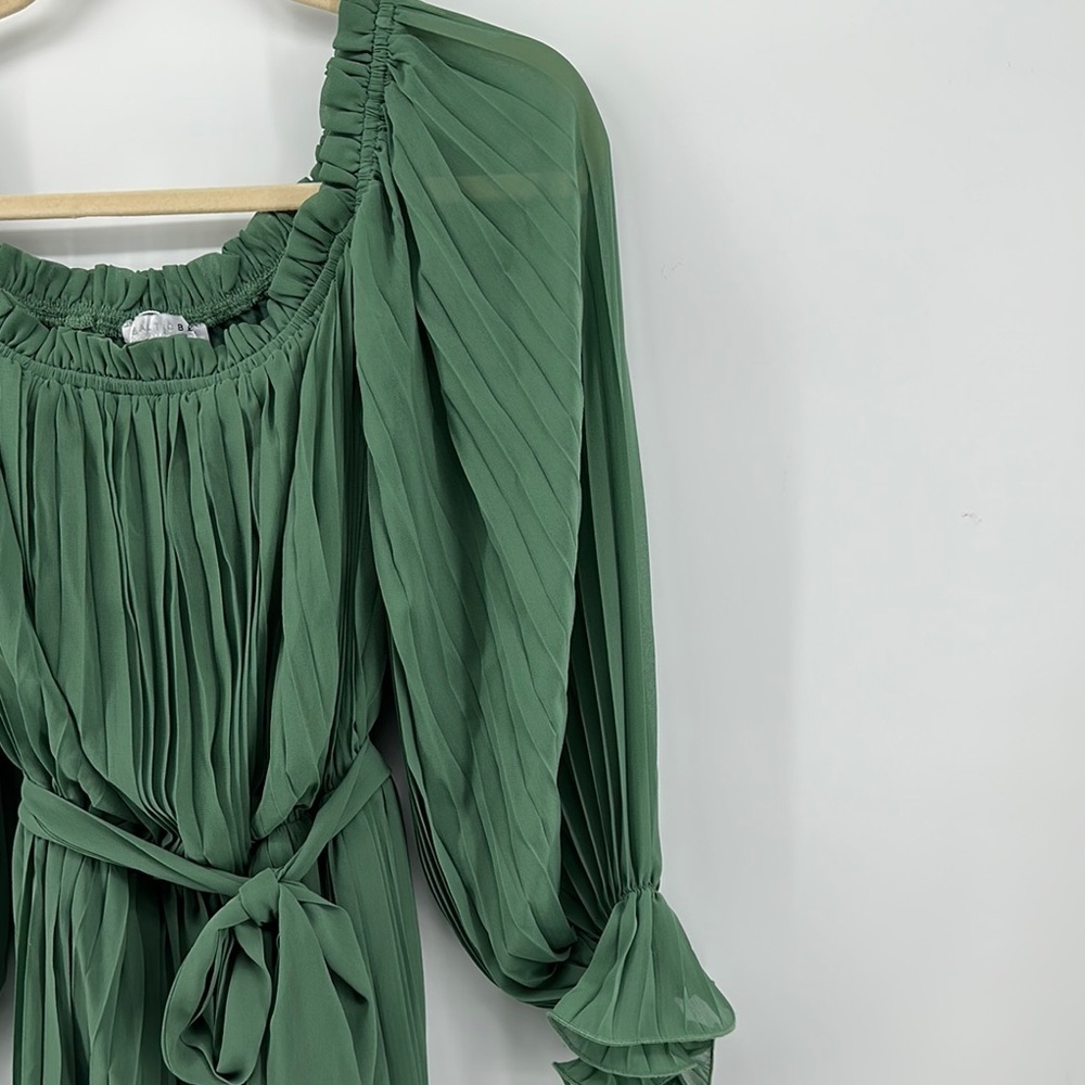 Baltic Born Green Long Sleeve Bishop Elastic Waist with Fabric Belt Sundress SzL - Picture 5 of 15